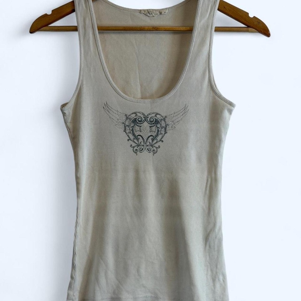 Y2K Grunge Angel Wings Crew Neck Ribbed Tank Top White Size S Motorcycle Chic